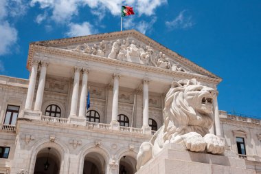 Palacio de Sao Bento or Portuguese parliament building in Lisbon with lion statue clipart