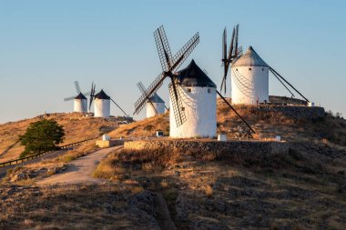 İspanya 'nın başkenti Consuegra' da Cervantes 'in Don Quichotte adlı romanından bilinen ikonik rüzgar değirmenleri.