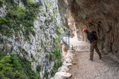 Resimli yürüyüşlere çıkan bir kadın turist Kuzey İspanya 'daki Asturias Picos de Europa dağlarındaki vadiyi önemsiyor.