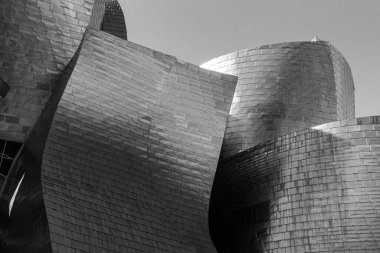 Bilbao, İspanya - Mai 16, 2024 - İspanya 'nın Bilbao kentindeki ünlü Guggenheim Modern Sanatlar Müzesi cephesinin mimari ayrıntıları