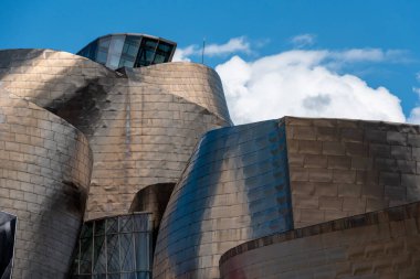 Bilbao, İspanya - Mai 16, 2024 - İspanya 'nın Bilbao kentindeki ünlü Guggenheim Modern Sanatlar Müzesi cephesinin mimari ayrıntıları