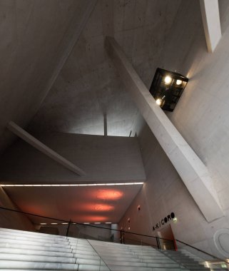 Porto, Portugal - Mai 28, 2024 - Foyer of the iconic Casa de Musica in Porto, Portugal, with exposed concrete and aluminium floor, designed by Rem Koolhaas and Ellen van Loon clipart