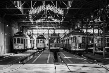 Lisboa, Portugal - June 03, 2024 - Tram depot of the Lisbon Tram Company in the street of the 1 May, Portugal clipart