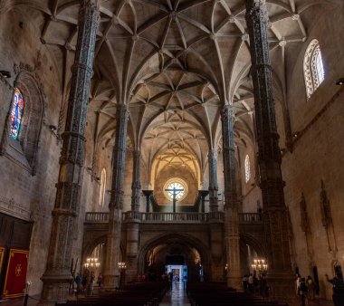 Lisboa, Portekiz - 3 Haziran 2024 - Portekiz 'in Lisboa kentindeki Belem Santa Maria manastırında muhteşem manueline gotik mimarisi