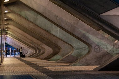 Lisboa, Portekiz - Haziran 03, 2024 - Mimar Santiago Calatrava tarafından tasarlanan, gece yarısı Lizboa Doğu tren istasyonunun mimari ayrıntıları