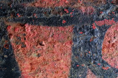 Üzüntülü eski paslı bakır metal. Boya kabuğu soyulmuş. Arkaplan ve duvar kağıdı deseni var.