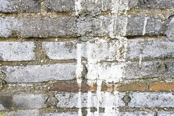 Old brick wall with mortar and white paint dripping down. Background texture.