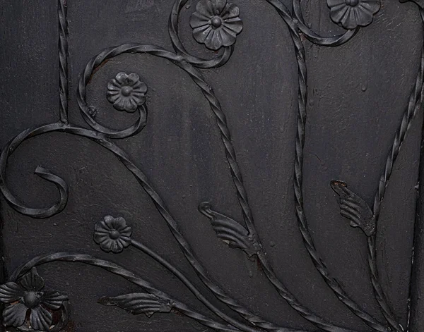 Close Black Metal Gate Panel Twisted Rods Stems Flowers Design — Stock fotografie