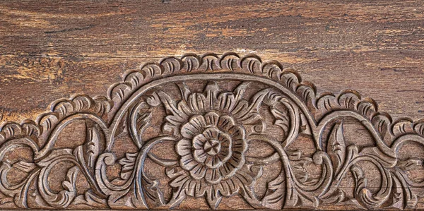 Intricate Flower Design Carved Piece Walnut Colored Wood Panel Architectural — Stock Photo, Image