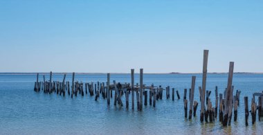 Okyanusta kütükler dimdik ayakta duruyor. Şehir merkezindeki kırık rıhtım, MA. Mavi okyanus ve mavi gökyüzü.