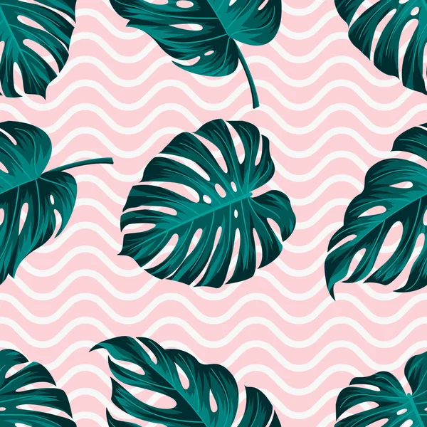 Floral Seamless Pattern Leaves Wavy Lines Tropical Background —  Vetores de Stock