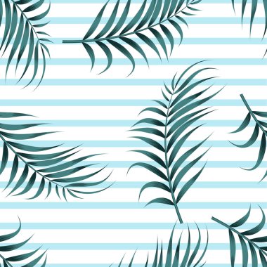 Floral seamless pattern with leaves, abstract striped geometric background