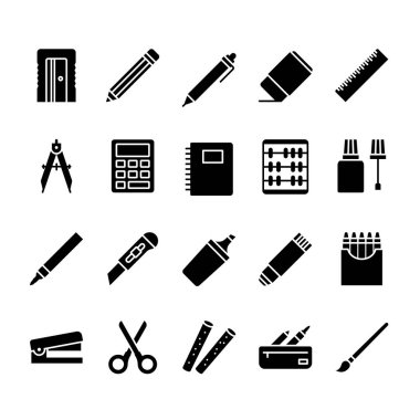 Set of School Equipment Icons Glyph Style