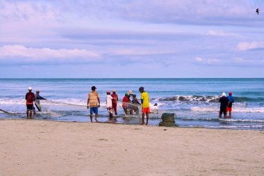 Cartagena, Bolivar Kolombiya - 1 Şubat 2024: Kolombiya 'nın Cartagena de Indias sahillerinde toplanan balıklarla tramvay ağını sürükledikleri halatları saran balıkçılar: