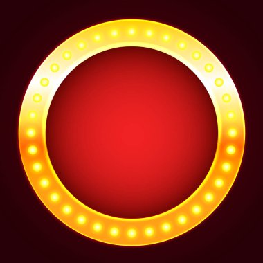 Kumarhane için boş bir geçmiş. Kumarhanenin temasına elementler yerleştirmek için boş bir arkaplan. Altın çerçeveli ve ampullü kırmızı lüks arka plan.