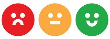 Puanlama ölçeği ya da duygu simgesi şeklinde acı ölçeği. Kırmızıdan yeşile gülen yüz. Düz simgeler. Beyaz arkaplanda vektör ortamı izole edildi.