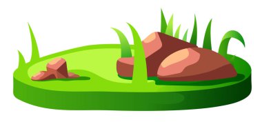Çayır. Taşlı yeşil bir çayır parçası. Vektör 3d clipart.