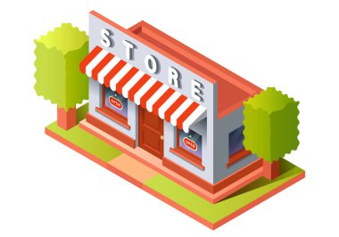 Isometric mağazası. 3D mağazası. Beyaz arkaplanda vektör ortamı izole edildi.