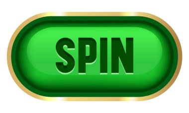 Altın çerçeveli çevirme düğmesi. Online kumarhane için yeşil düğme. Vektör ortamı siyah arkaplanda izole edildi.