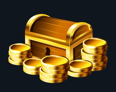 Hazine sandığı ve altın sikkeler. Vektör 3d dağılımı koyu arkaplanda izole edildi.