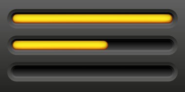 3d yükleme çubuğu. Sağlık ya da ilerleme çubuğu. Yaşam çizelgesi. Turuncu bar. Video oyunları için tasarım elemanları. Gri arkaplanda vektör iklimi izole edildi.