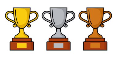 Altın, gümüş ve bronz bardaklar. Vektör klipsi. Beyaz arkaplanda izole edilmiş vektör simgeleri kümesi.