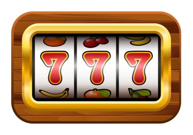 Büyük ikramiye. Üç yedili kumar makinesi. Tahta çerçeveli bir ekran slot makinesi. Vektör ortamı.