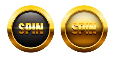 Çevirme düğmesi. Siyah arka planda altın harfler. Çevrimiçi kumarhane düğmeleri. Vektör ortamı siyah arkaplanda izole edildi.