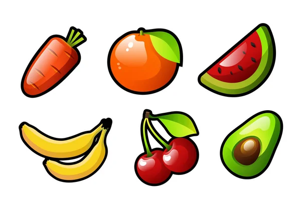 一套卡通水果 浆果和蔬菜 设置水果槽机 在白色背景下孤立的向量群 — 图库矢量图片