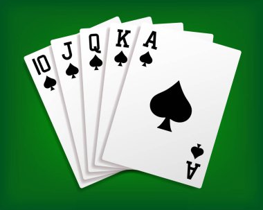 Floş Royal. Bir kraliyet floşunun poker eli. Maça Royal Floş. Yeşil arka plandaki kart hayranı. Vektör ortamı.