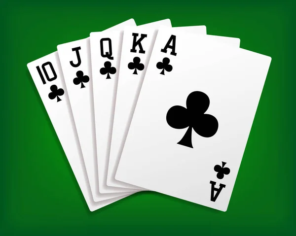 皇家法拉盛 王牌俱乐部里王牌红牌的扑克手皇家粉刷俱乐部 卡扇在绿色背景上 病媒群 — 图库矢量图片