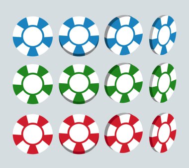 Cips oynuyorum. Farklı pozisyonlarda üç boyutlu çipler. Kumar için bir cips seti. Vektör illüstrasyonu.