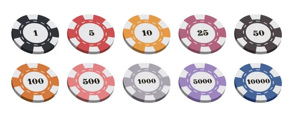 Gramy Żetony Liczbami Chipy Różnych Pozycjach Zestaw Żetonów Hazardu Ilustracja — Wektor stockowy