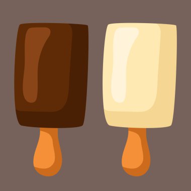 Dondurma çubuğu. Çubuk çikolatalı dondurma. Süt ve beyaz çikolatayla kaplı dondurma. Vektör ortamı.