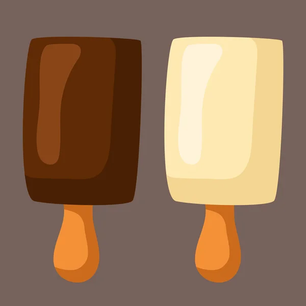 アイスクリームスティック 棒にチョコレートポプシクル ミルクとホワイトチョコレートで覆われたアイスクリーム ベクトル クリップ — ストックベクタ