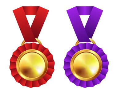 Altın madalya. Kırmızı ve mor kurdeleli altın madalyalar. Beyaz arkaplanda vektör ortamı izole edildi.