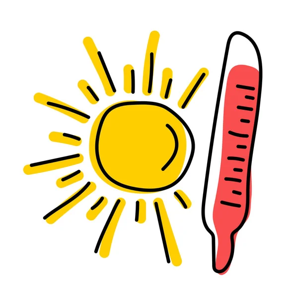 温度計と太陽 落書きのイラスト 高温の天気と高温のイラスト ベクトル クリップ — ストックベクタ