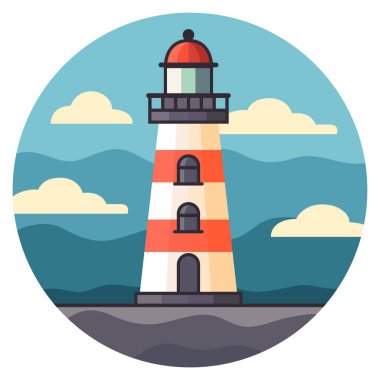 Mavi gökyüzüne karşı bir deniz feneri. Vektör illüstrasyonu beyaz arkaplanda izole edildi.