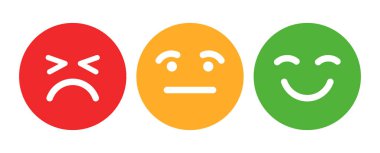 Puanlama ölçeği ya da duygu simgesi şeklinde acı ölçeği. Kırmızıdan yeşile gülen yüz. Beyaz arkaplanda vektör ortamı izole edildi.