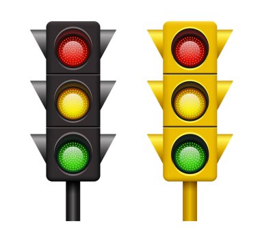 Trafik lambası. Gerçekçi 3 boyutlu trafik ışığı. Siyah ve sarı trafik ışıkları. Vektör ortamı.