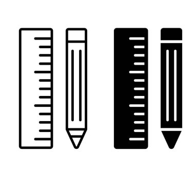 Cetvel ve kalem. Beyaz arkaplanda izole edilmiş vektör düz siyah simgesi.