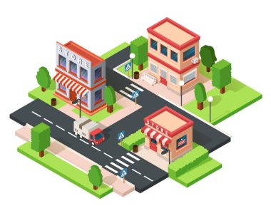Isometric şehri. Beyaz arkaplanda vektör ortamı izole edildi.