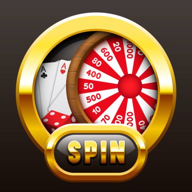 Altın çerçeveli kartlar, çarkıfelek ve çevirme düğmesi. Kumarhane logosu. Vektör ortamı.