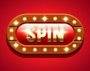 Çevirme düğmesi. Ahşap çerçevede kırmızı düğme. Çevrimiçi kumarhane düğmesi. Vektör ortamı