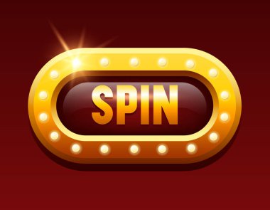 Çevirme düğmesi. Altın çerçeveli kırmızı düğme. Çevrimiçi kumarhane düğmesi. Vektör ortamı siyah arkaplanda izole edildi.