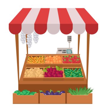 Market tezgahı. Sebze çiftliği. Beyaz arkaplanda vektör ortamı izole edildi.