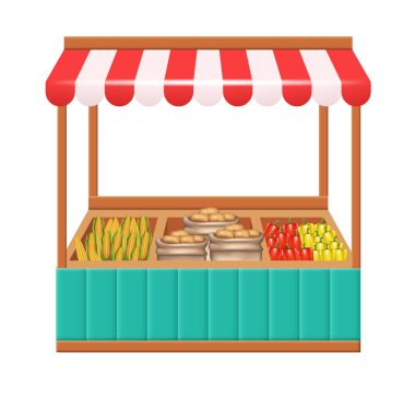 Market tezgahı. Ahşap tezgah tezgahı, kırmızı beyaz çizgili tente. Beyaz arkaplanda vektör ortamı izole edildi.