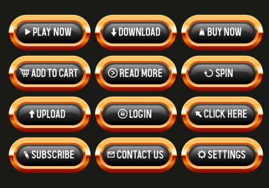 Altın çerçeveli siyah düğmeler. Web sitesi için düğme takımı. Vektör seti siyah arkaplanda izole edildi.