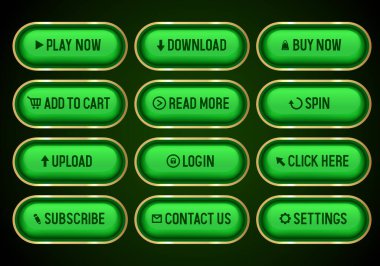 Web sitesi için yeşil düğmeler. Siyah arkaplanda izole edilmiş 3D vektör düğmeleri kümesi.