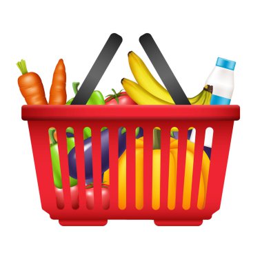 Kırmızı sepet ve yiyecek. Beyaz arkaplanda izole edilmiş vektör gerçekçi illüstrasyon.